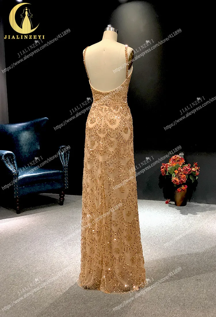 

Rhine Real Zuhair Murad Gold Beads Sequins Sheath Open Back vestidos de fiesta Evening Dress Long