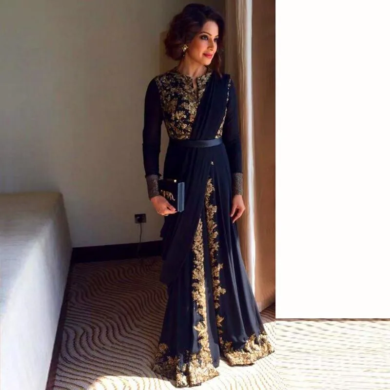 

MYYBLE Long Sleeve Robe De Soiree Evening Gown Gold Emboridery Abaya Dubai A-Line Appliques Kaftan Arabic Wedding Party Dress