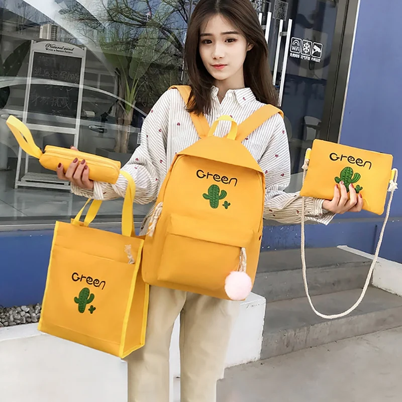 Yellow 4 шт холст школьный рюкзак, набор для девочек подросткового возраста с рисунками кактусов сумка+ Для женщин рюкзак+ чехол+ Кошелек Дорожная сумка - Цвет: Yellow