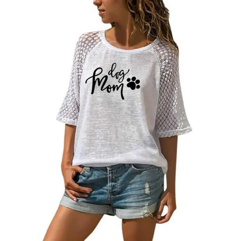 

Summer Casual T-Shirt For Women Funny DOG MOM Letters Print T-shirt Lace O-Neck 3/4 Sleeve T-Shirt Harajuku Streetwear T-Shirt