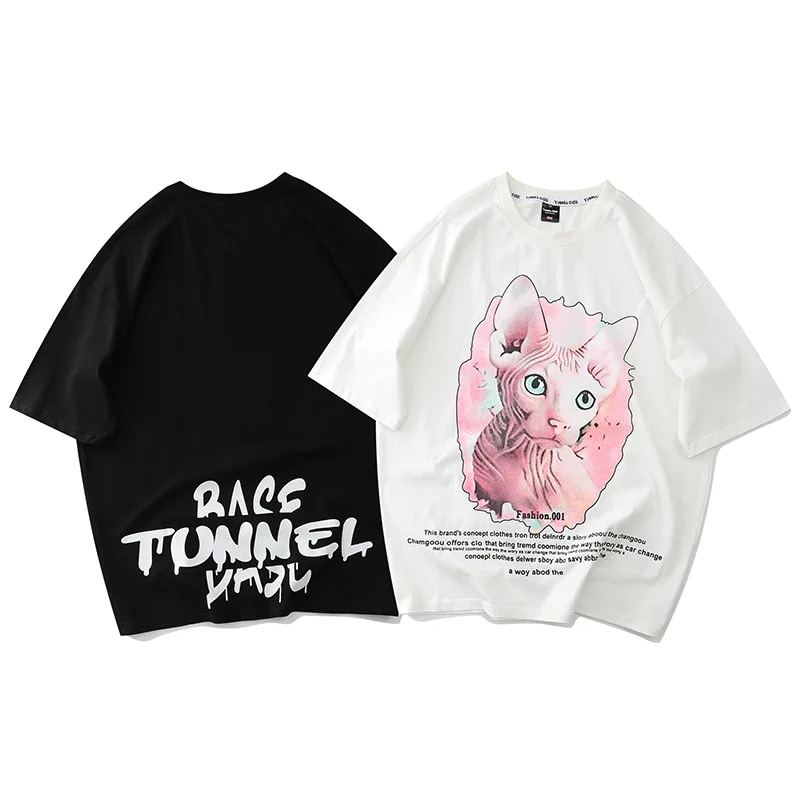 

American high street cute print T-shirt Street loose size cat print Short Sleeve Tee couple