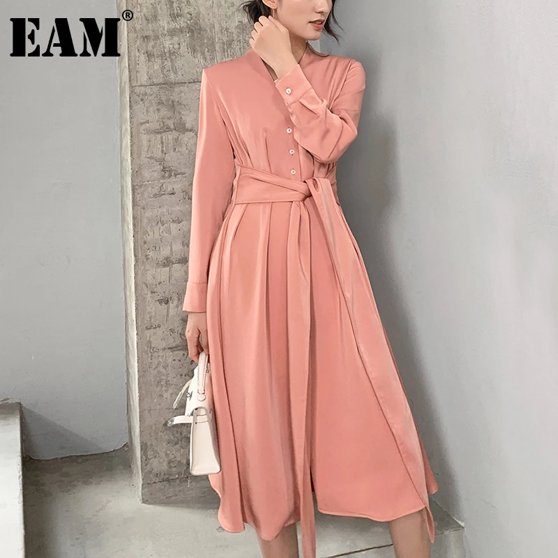 

[EAM] Women Elegant Single Breasted Bandage Midi Satin Dress New V-Neck Long Sleeve Loose Fit Fashion Spring Autumn 2021 1DD5356