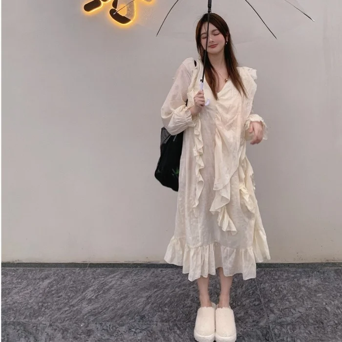 

2021new Color Long Sleeve High Waist V-neck Dress Women's French Style Fashion Dress