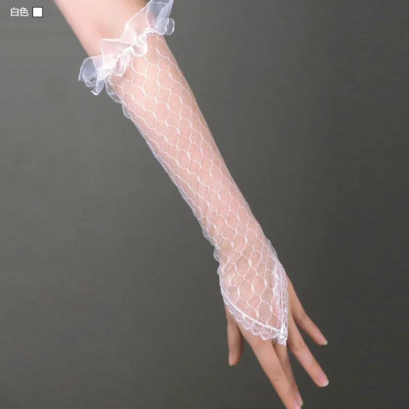 

Bride wedding dress fingerless gauze long gloves off-white mesh lace hook finger summer hand sleeves