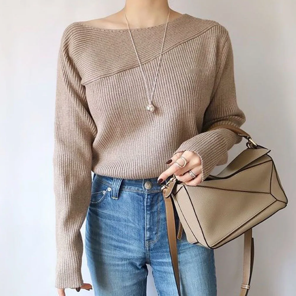 

Модный женский свитер в стиле пэчворк с длинным рукавом, Осенний облегающий Повседневный однотонный деловой женский свитер средней длины с...