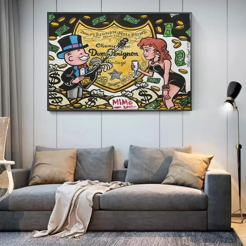 

Champagne Monopoly Man Oil Painting, Monopoly Art, Modern Pop Art, Canvas Oil Painting Large Wall Art Money Art Luxury Life Art