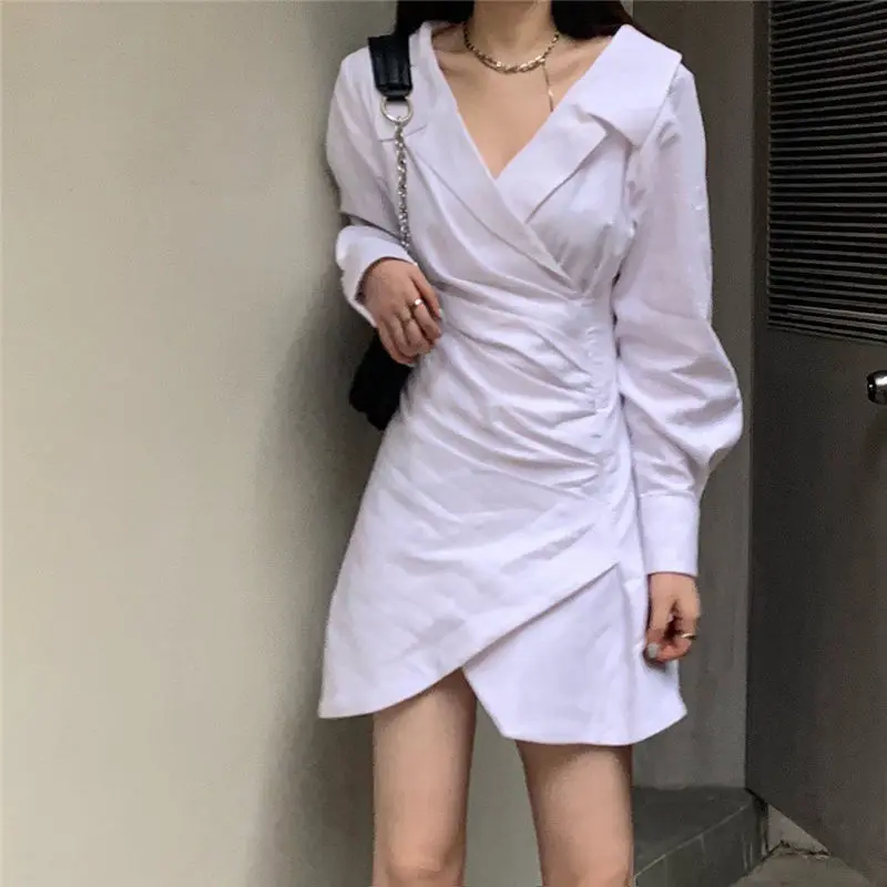 

Sugar20 Spring and Autumn New Design Sense White Shirt Skirt Large V-neck Long Sleeve Waist-Tight Irregular Dress