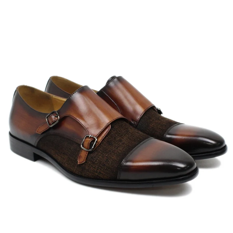 DANIEL WAFER Brand Designer Monk Strap Mens Dress Shoes Genuine Leather With Denim Black Brown Wedding Party Dress Shoes Men