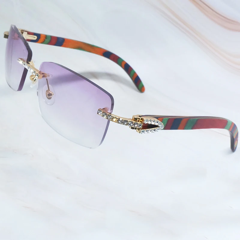 Wooden Sunglasses Men Rhinestone Rimless Carter Square Color Craved Wood Sun Glasses Diamond Shades Iced Out Decoration Eyewear |