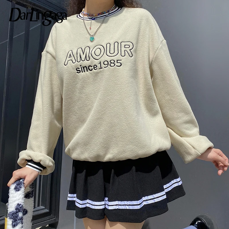 

Darlingaga Fashion Stripe Letter Embroidery Polar Fleece Sweatshirt Women Casual Pullovers Autumn Winter Sweatshirts Loose Tops