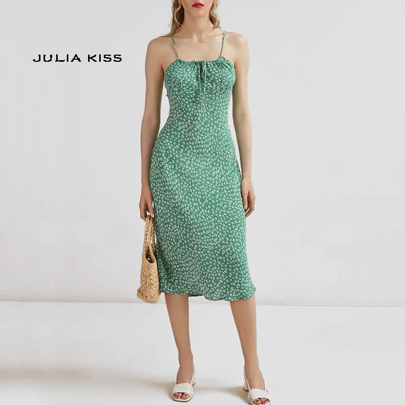 Женское зеленое платье миди с цветочным принтом|Женские платья| |