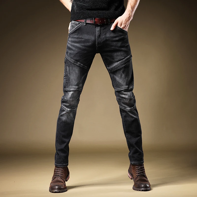 Autumn Men Black Biker Jeans Fashion Patchwork Straight Slim Fit Denim Trousers Casual Motorcycle Stretch Pants Jean