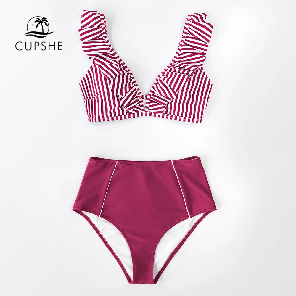CUPSHE/комплект бикини в красную полоску с оборками и высокой талией купальник для