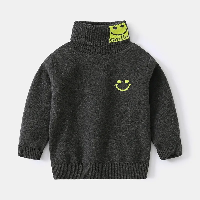 

Children's Turtleneck Sweater 2022 New Boys Black Grey Thickening Bottoming Sweaters Baby Cute Smiley Sweater Knitted Cardigan