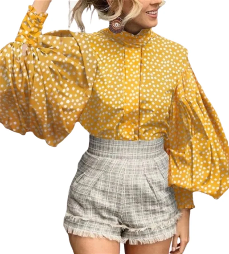 

Женская винтажная рубашка в горошек, белая блузка с длинным рукавом-фонариком и высоким воротником, топ в дворцовом стиле на осень