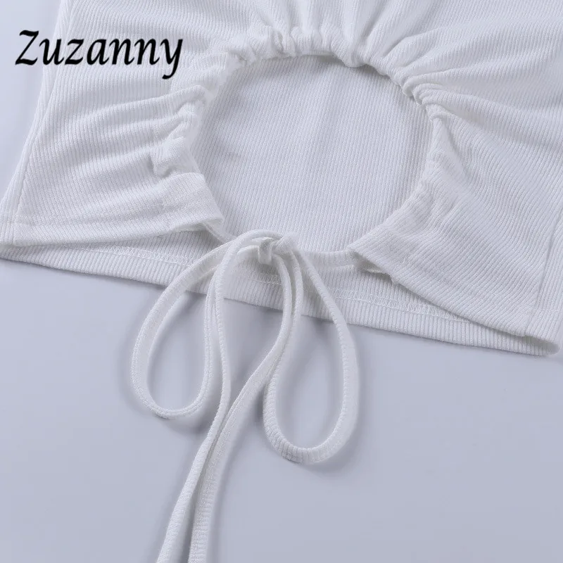 

Zuzanny Sexy Crop Tops White Ribber Short Sleeve Tees Shirt Femme Back Hollow Out 2021 Summer Casual Slim Basic T Shirt Women
