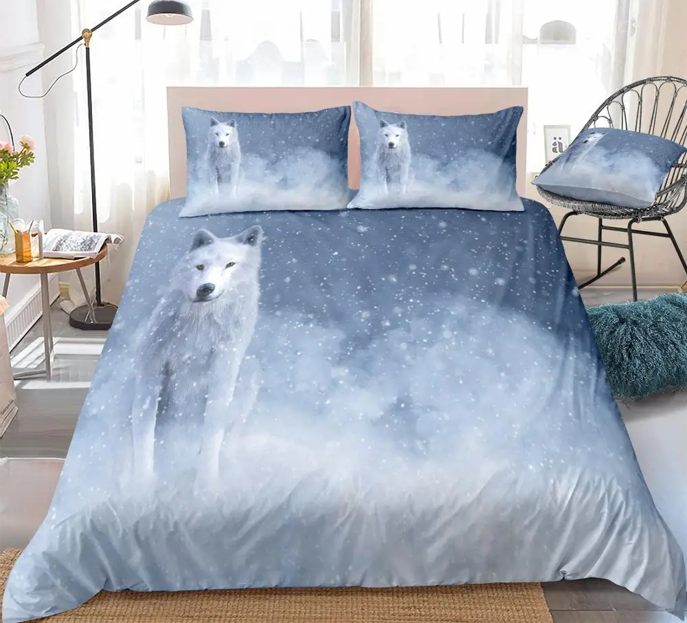 

3D Wolf Duvet Cover Set White Wolf Sitting Snow Bedding Kids Boys Teens Animal Quilt Cover Queen Home Textiles 3pcs Dropship