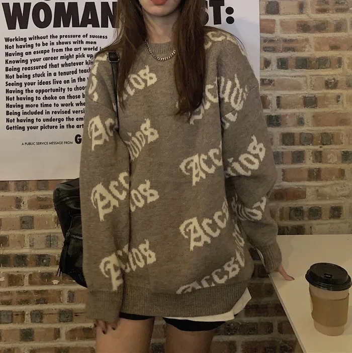 

Korean Version Plus Size Sweater Round Neck Long Sleeve Letter Printed Women'S Sweater 2020 Autumn Winter New Top Retro Pullover