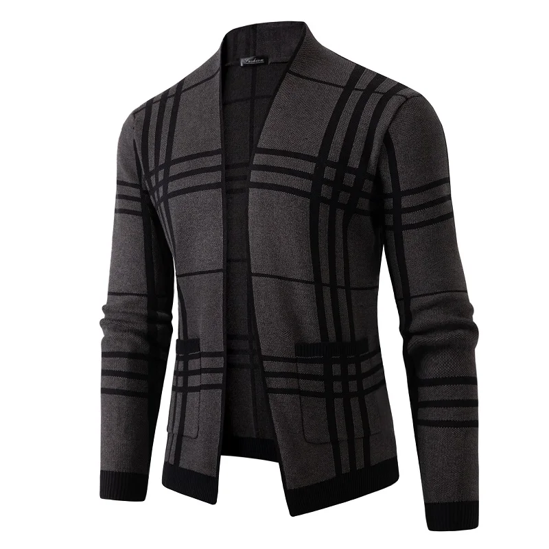 New European and American Style Spring and Autumn Men's Classic Plaid Knitted Cardigan Sweater Casual Large Long Sleeve Jackets