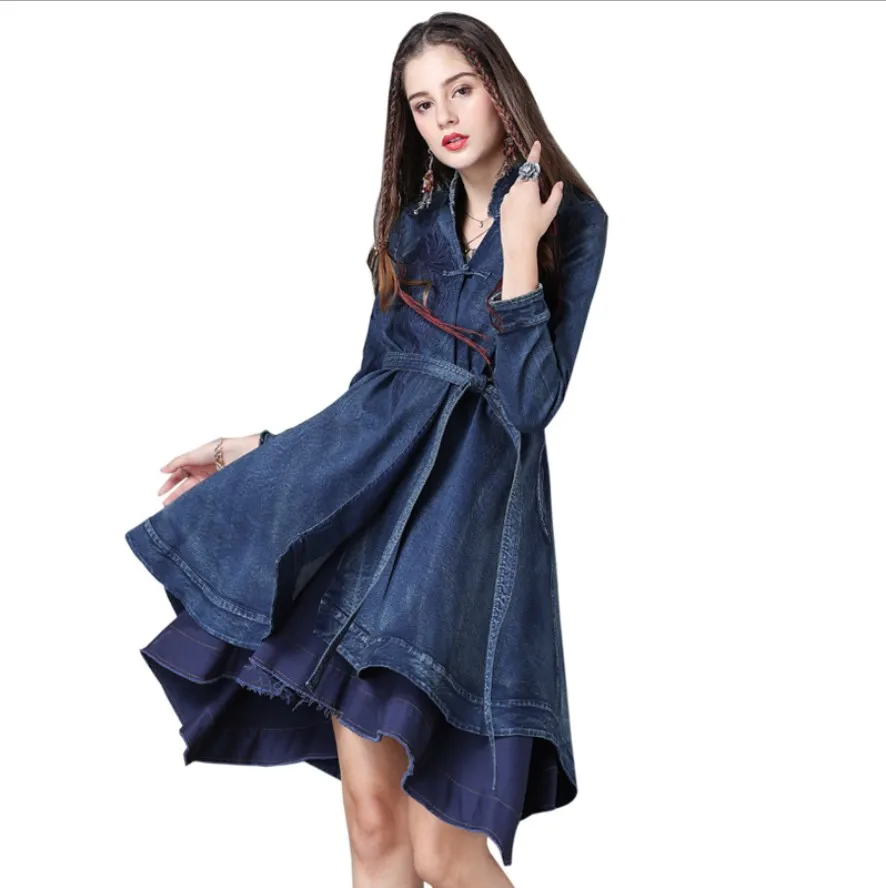 

Autumn Winter Women Denim Dress Long Sleeve Retro Embroridery Irregular Swing Jeans Dress Robe Femme