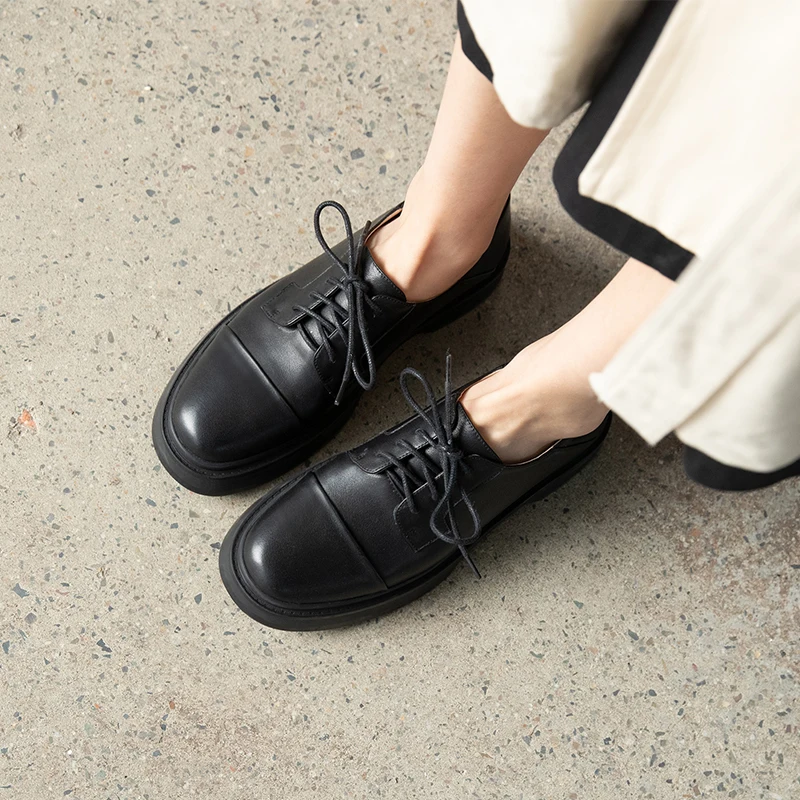 

New Genuine Leather Flats Casual Lace-up Round Toe Spring/Autumn Women's Shoes Platform Shoes Handmade Size 34-39 Cross-tied