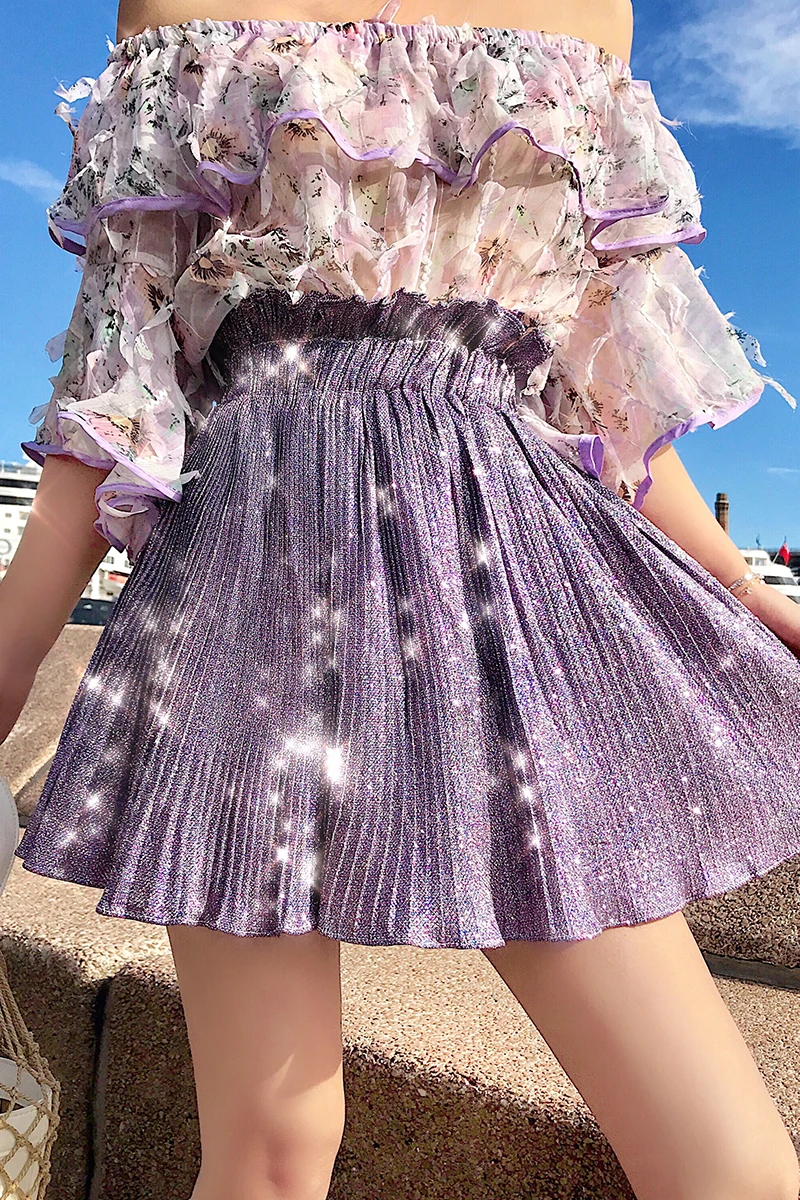 Женская летняя юбка однотонная фиолетовая трапециевидная расклешенная