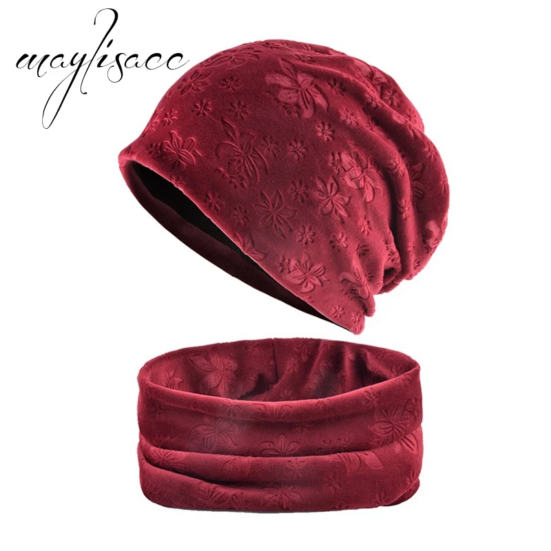 Red Maylisacc 6 цветов одноцветное Цвета зима теплая шапка с шарфом кольцо Мода Тиснение цветок шляпа для Для женщин шарфы с шляпа набор - Цвет: Red