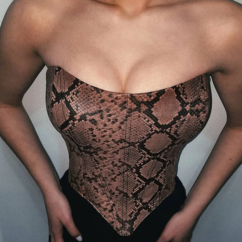 

Sexy Female Corset Crop Top Women Strapless Backless Lace Up Cami Bustier Snakeskin Print Sleeveless Chest Wrap Tops Clubwear