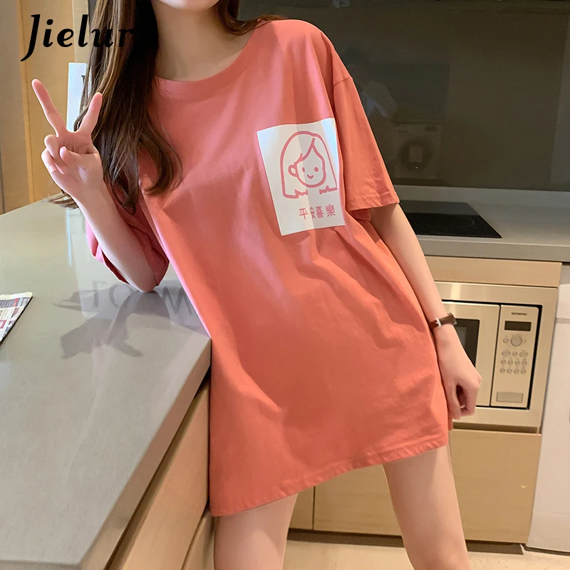 

Jielur 2021 Tshirt Women White Pink O-Neck Short Sleeve T-shirt BF Print T-shirts Girls Preppy Style Tops Tees Clothes Summer