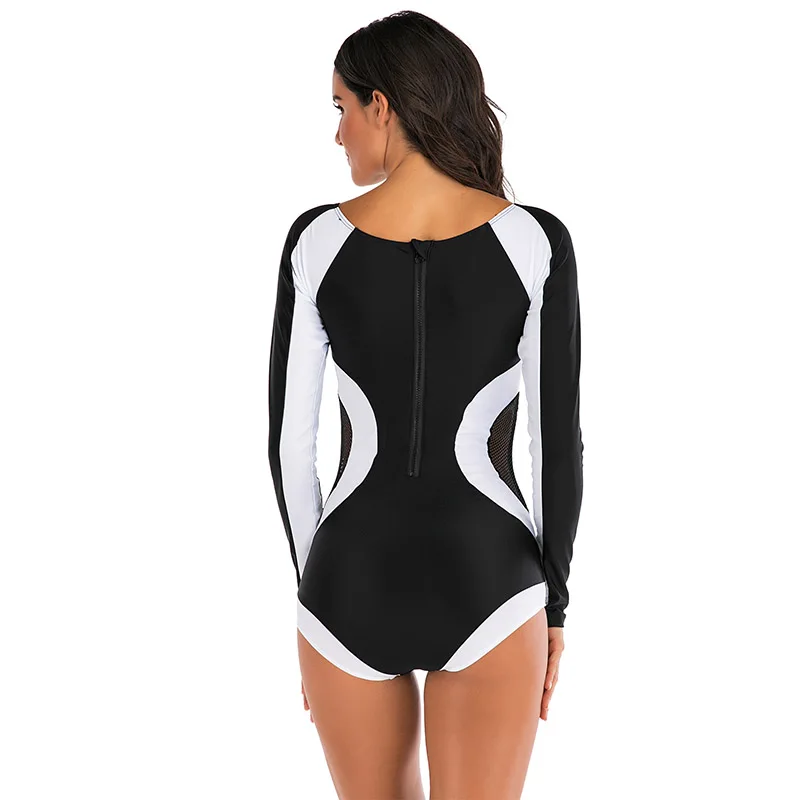 New See Through Long Sleeve Rash guards Women Mesh Swimwear One Piece Swimsuit Sports Surf Beach wear Bikini Bathing Suits