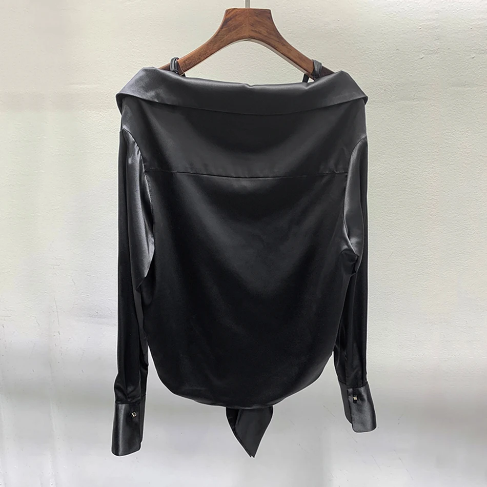 

Modphy Fashion Women's Spaghetti Lace Card Shoulder Top Sexy V-neck Black Long Sleeve Celebrity Club Party Top 2020 Spring New