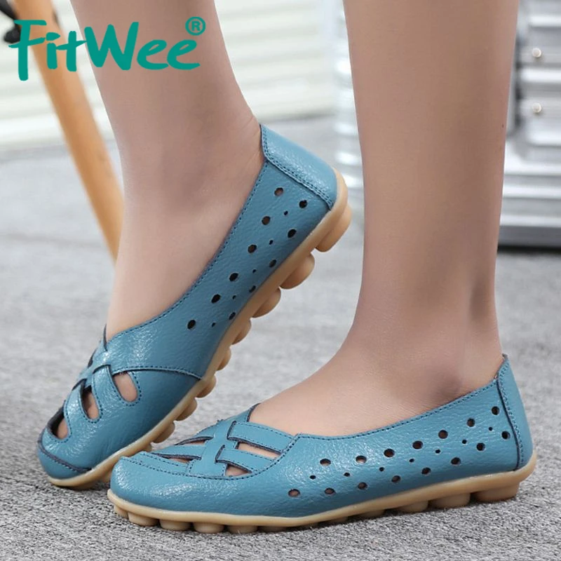 FITWEE Women'S Casual Shoes Genuine Leather Woman Loafers Breathable Summer Shoe Flats With Hollow Out Mother Big Size | Обувь