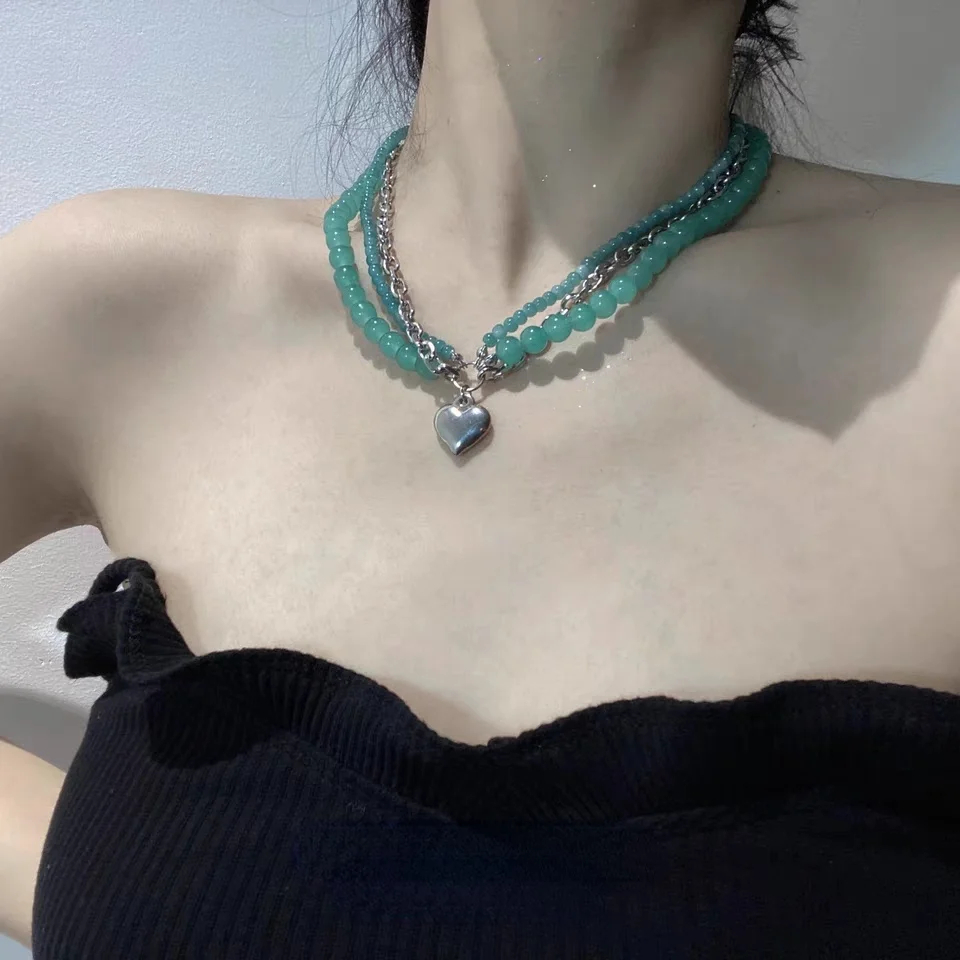 

12pcs/lot Jade Necklace Female Titanium Steel Love Necklace Clavicle Chain Pendant Accessories Hip Hop Trend Accessories