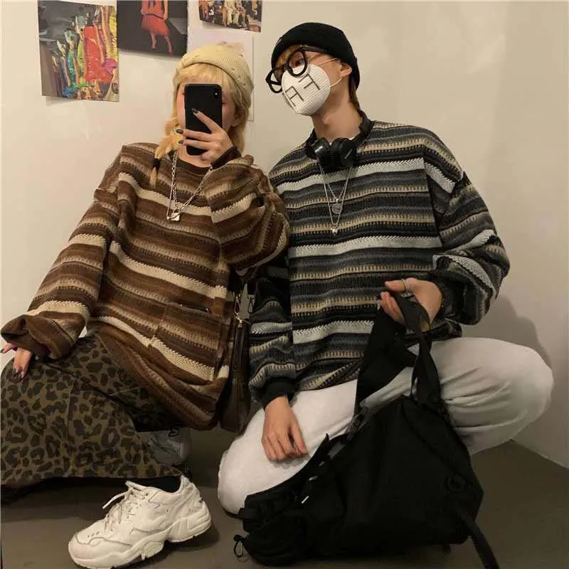 

Harajuku Striped Couples Pullover Women Sweater 2020 Autumn Winter Vintage Streetwear O Neck Woman Sweater Truien Dames