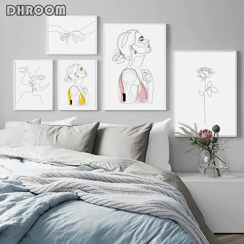 

Abstract Fashion Sketch Line Wall Art Hand Heart Print Minimalist Couple Poster Black White Intimacy Artwork Painting Home Decor