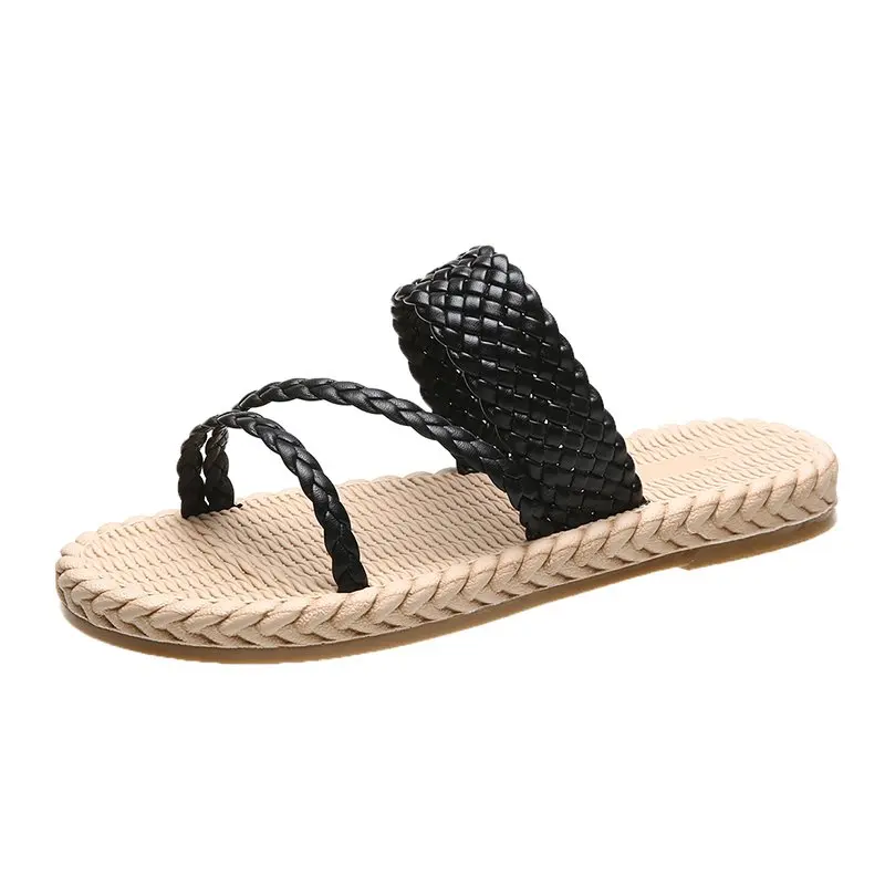 

Summer Faux Hemp Women Slippers Weave Pu Leather Strap Rubber Sole Fashion Elegant Outdoor Beach Slides Ladies Shoes Female 2021