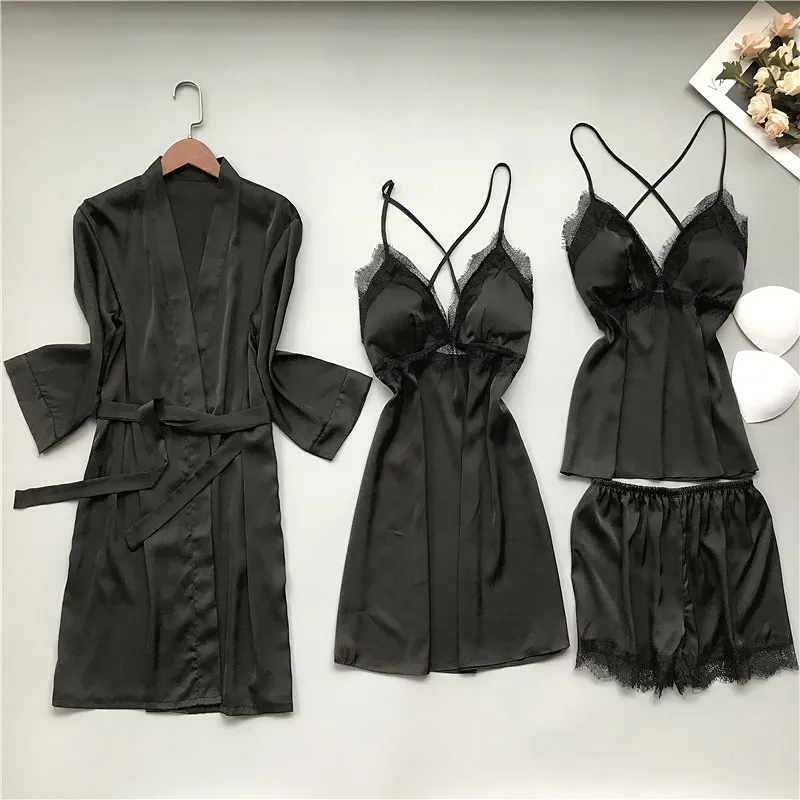 

Summer New Nightwear 4PCS Sleep Set Homewear Satin Lace Women Home Clothing Robe Set Intimate Lingerie Gray Sleepwear
