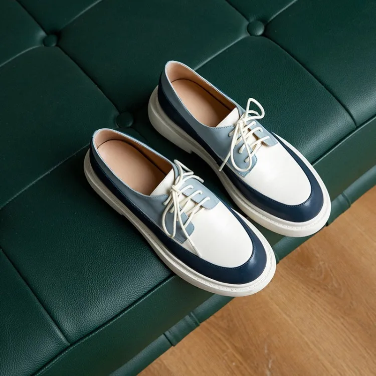 

Genuine Leather Platform Shoes 2021 Spring/Autumn Women Shoes Round Toe Lace Up Color Mixed Thick Heel Flats for Women Sneakers