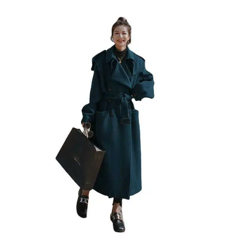 

LANMREM 2021 Autumn Winter Flare Waist Lace Up Straight Warm Overcoat Mid-calf Length Black Long Woolen Coat For Women 2A2304