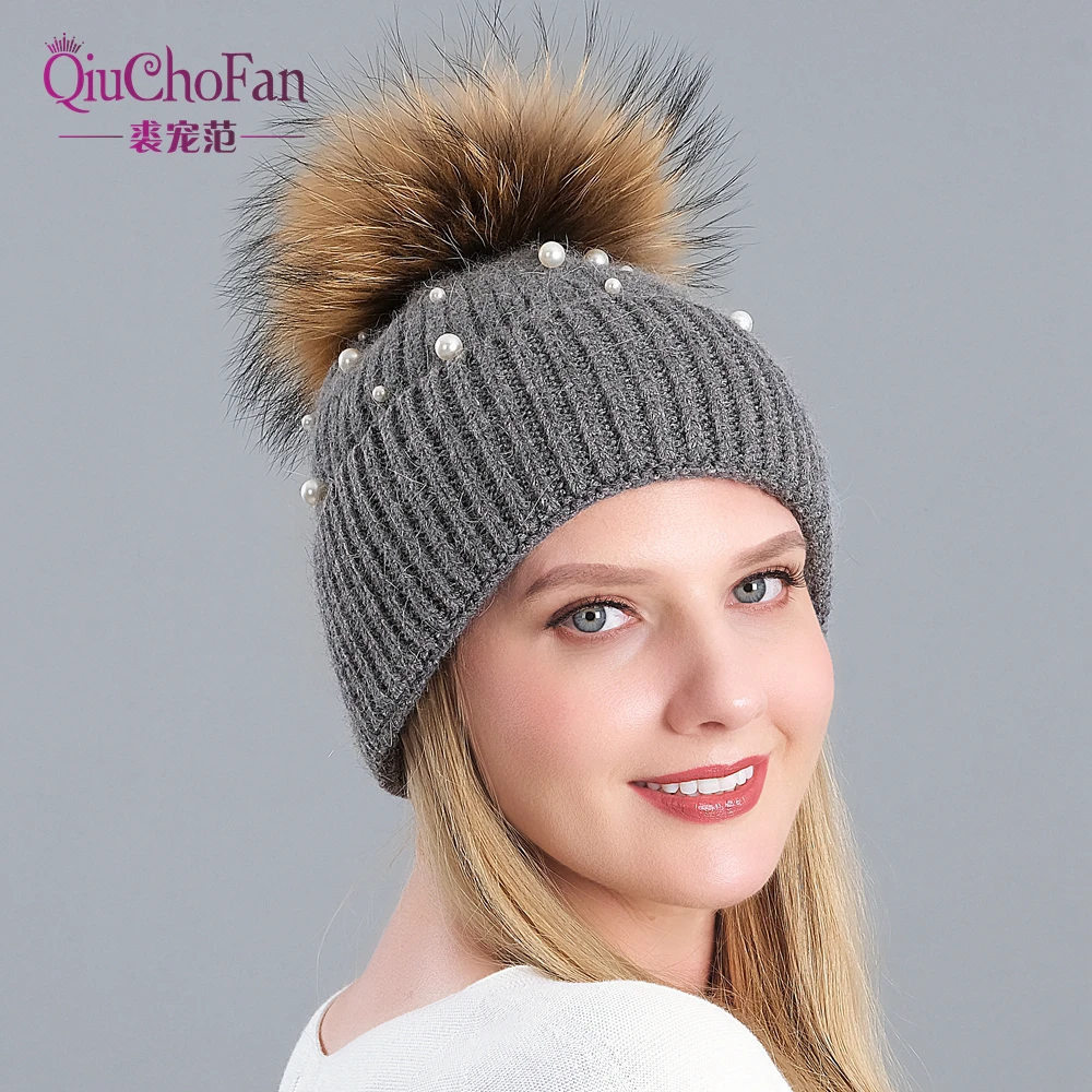 Женские зимние шапки из натурального меха енота с жемчугом вязаные шерстяные