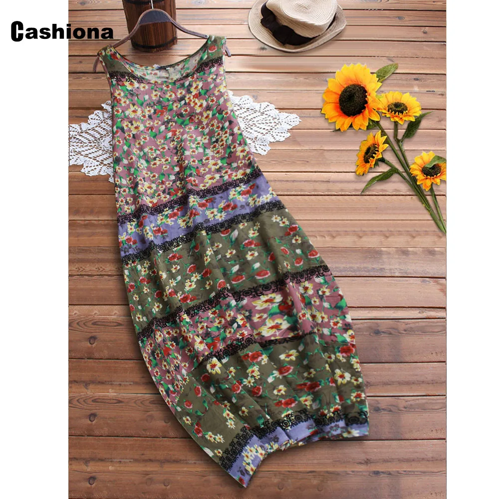

Women Summer Long Dress 2020 Printing Sleeveless Patchwork Color Lantern Dress Plus Size Ladies Loose Vintage Linen Maxi Dresses