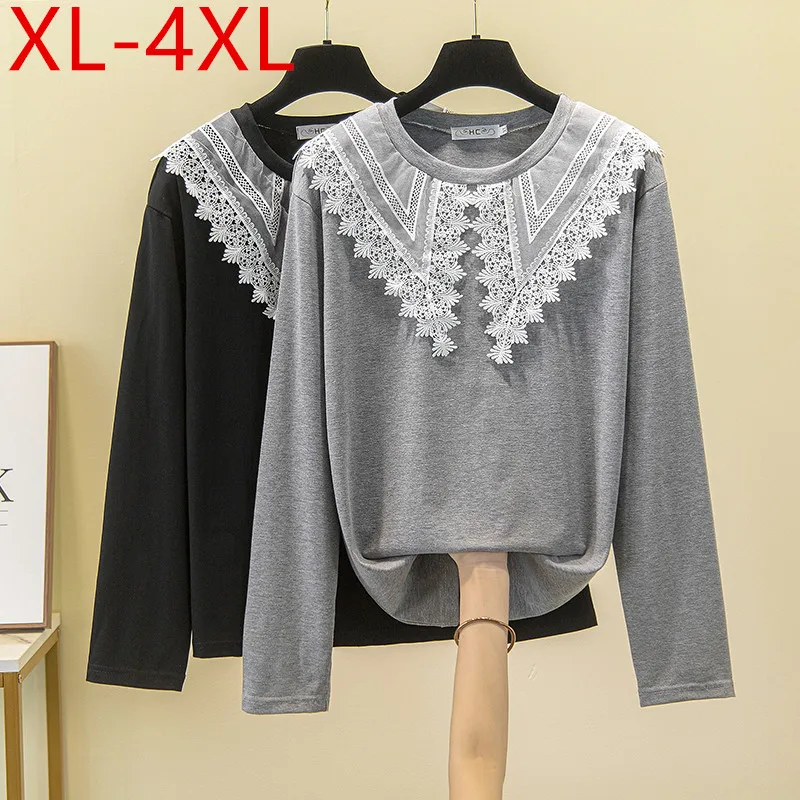 

Missfansiqi Spring Autumn Plus Size Women O Neck Long Sleeve Lace Patchwork Cotton T-shirt Large Loose Casual Tops Tees 4XL