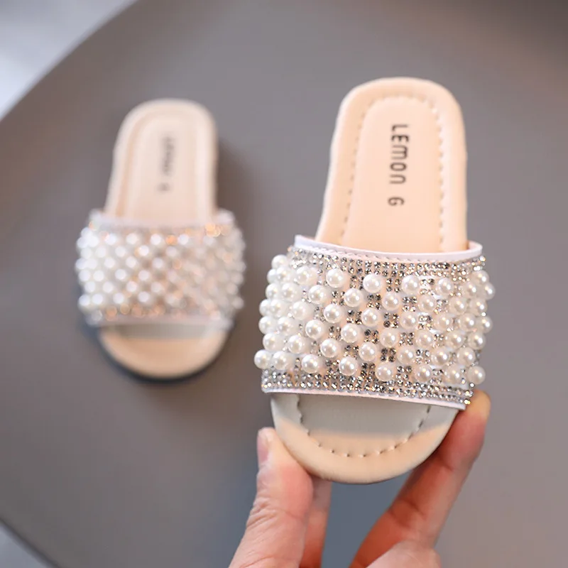 Zapatillas de princesa para ni&ntilde;as, sandalias de verano para ni&ntilde;os, Chanclas de playa para nadar, perlas ostentosas para ni&ntilde;os con zapatillas de ba&ntilde;o, chanclas suaves y elegantes 2021-2