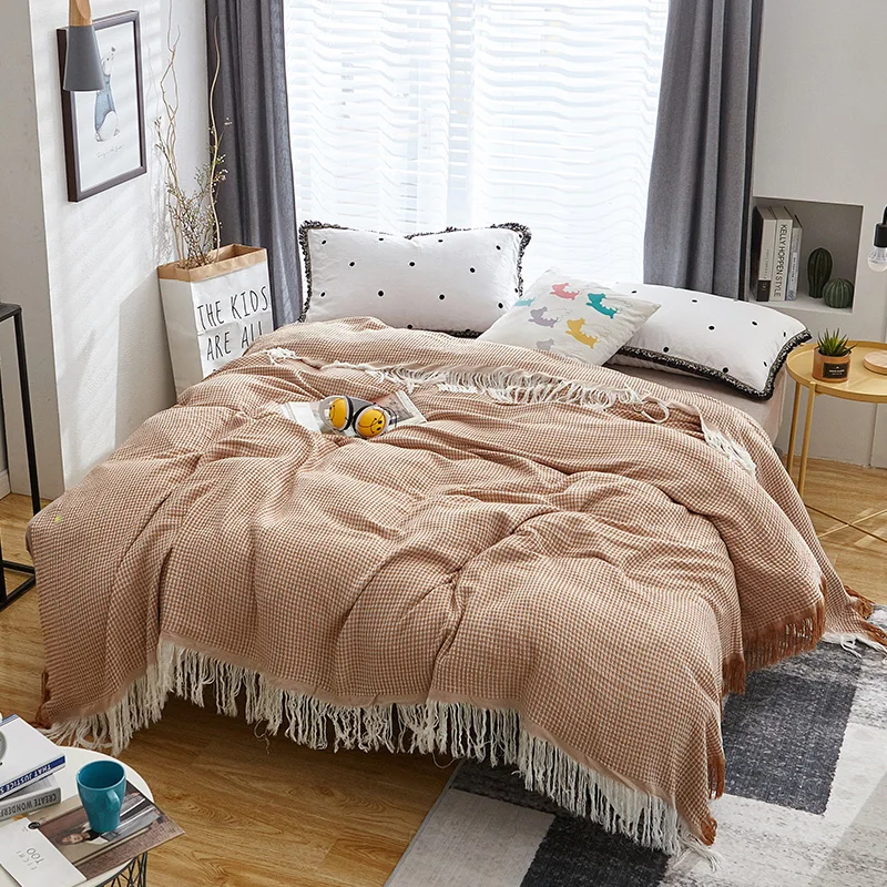 

Летнее тонкое одеяло из бамбукового волокна для взрослых, Клетчатый Вафельный узор, окрашенный в пряжу бросок 150/200 200/230 см для дивана или кро...