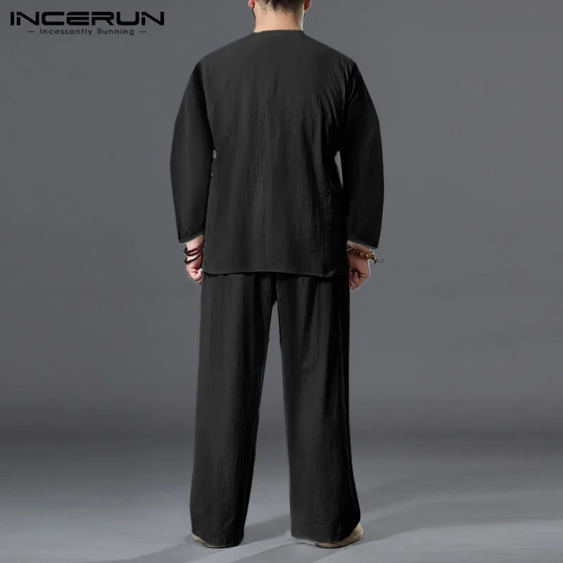 

INCERUN Vintage Cotton Men Sets Solid Streetwear Long Sleeve V Neck Shirts Drawstring Pants Chinese Style Casual Men Suits S-5XL