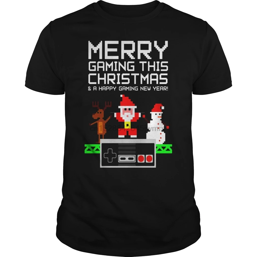 Для мужчин футболка Merry игровой рождественские Новый год забавные 8 бит рубашка