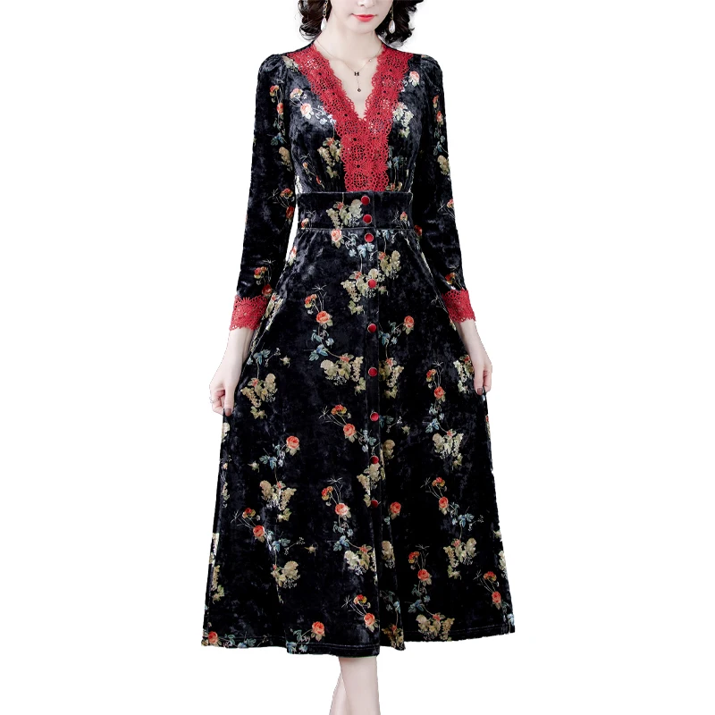 

2021 Vintage Elegant Black Floral Gold Velvet Midi Dresses Autumn Winter Casual 3XL Plus Size One Piece Dress Women Party Night