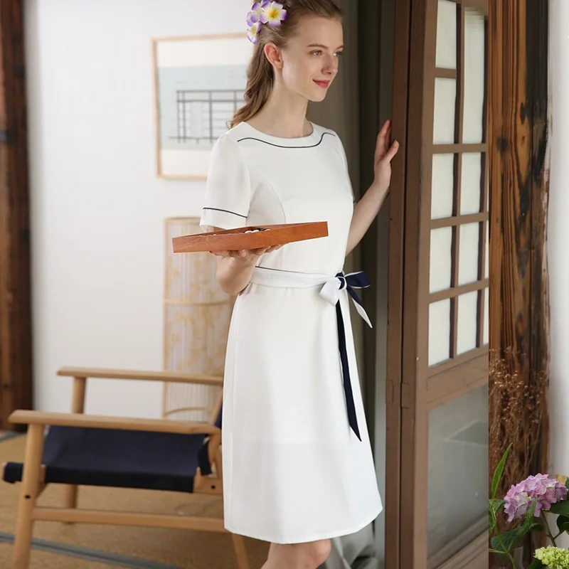 2020 мод с коротким рукавом белый салон красоты платье косметолога Корея Slim Fit