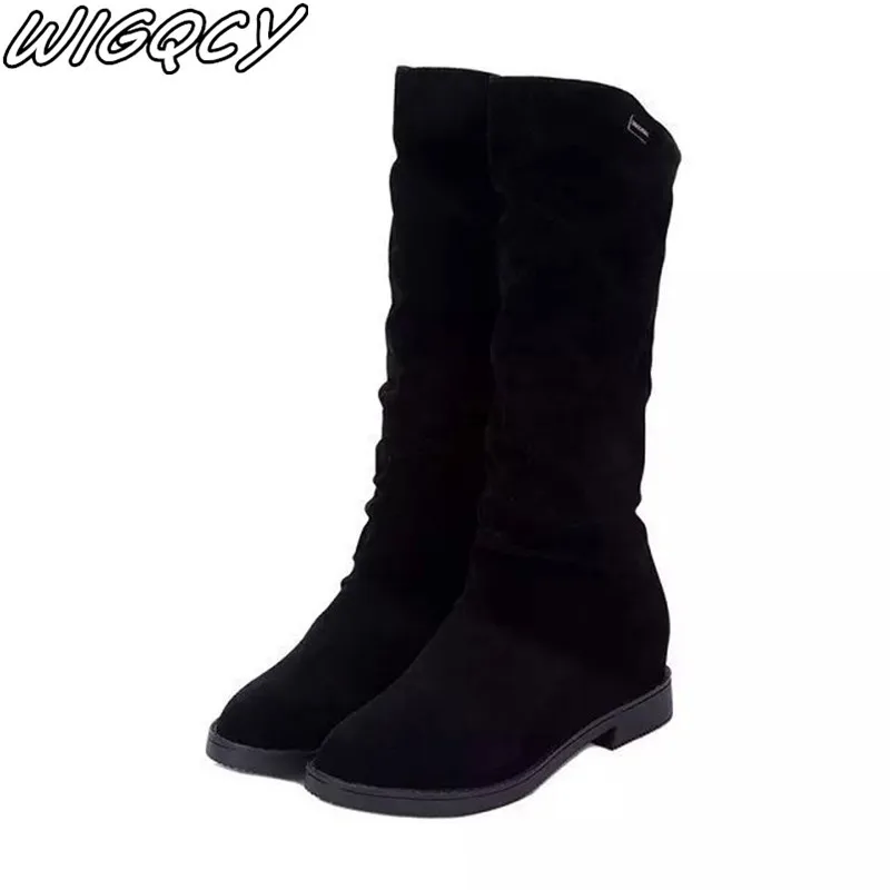 Женские теплые рыцарские сапоги на низком каблуке с круглым носком в западном