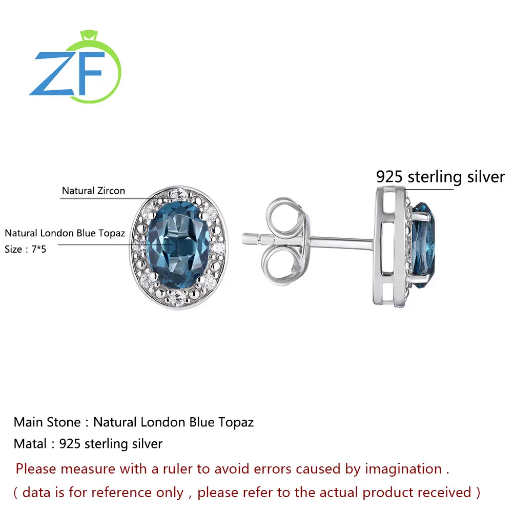 

GZ ZONGFA Hot Sale Natural London Blue Topaz Gemstone Earrings 925 Sterling Silver Stud Earrings Wedding Jewelry